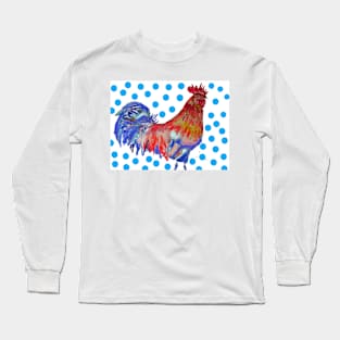 Rooster Watercolor Painting with Blue Polka Dots Long Sleeve T-Shirt